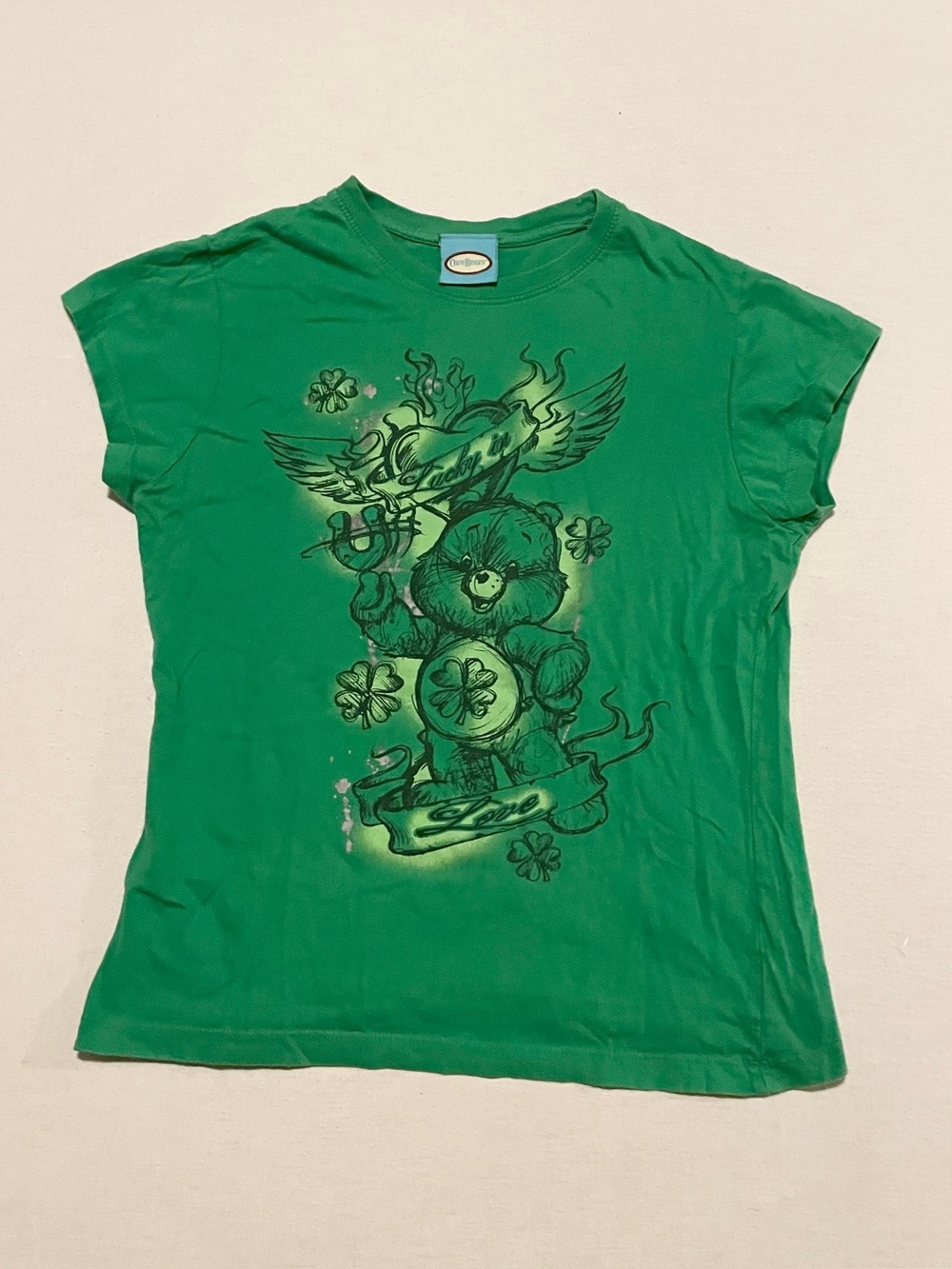 Y2K Care Bears Good Luck Bear Tattoo Tee Juniors L Green Lucky in Love 2007